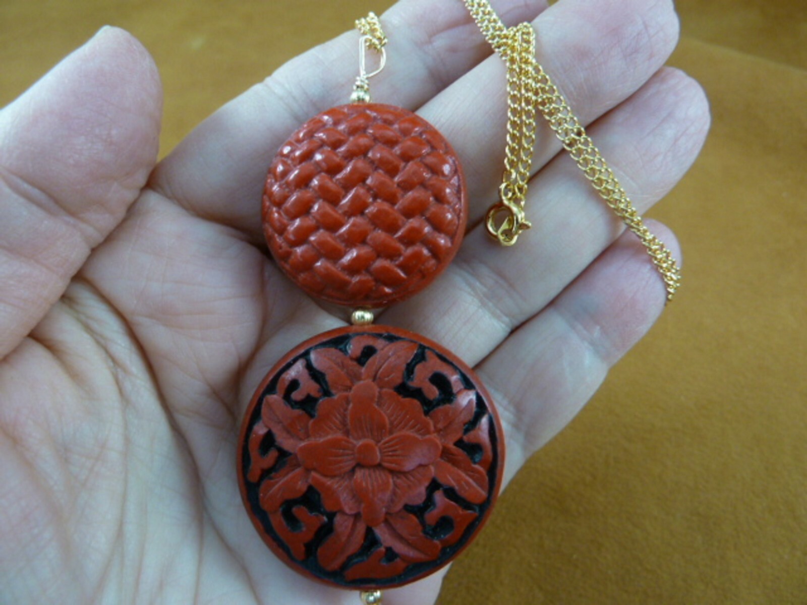 J27-9 Red CINNABAR carved wood lacquer bead jewelry 18
