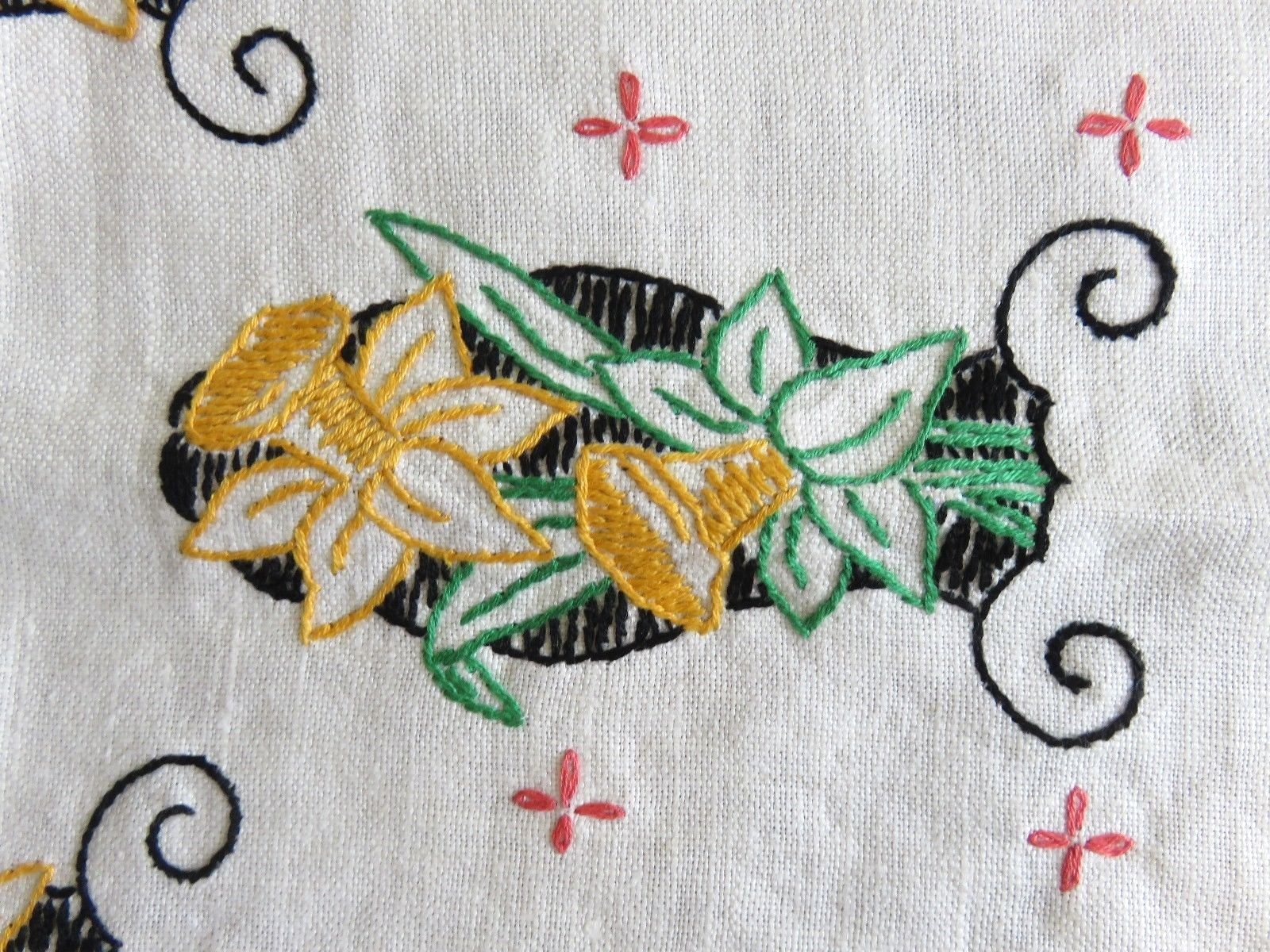 Vintage Linen Embroidered Floral Table Runner w/ Crocheted Edge 36