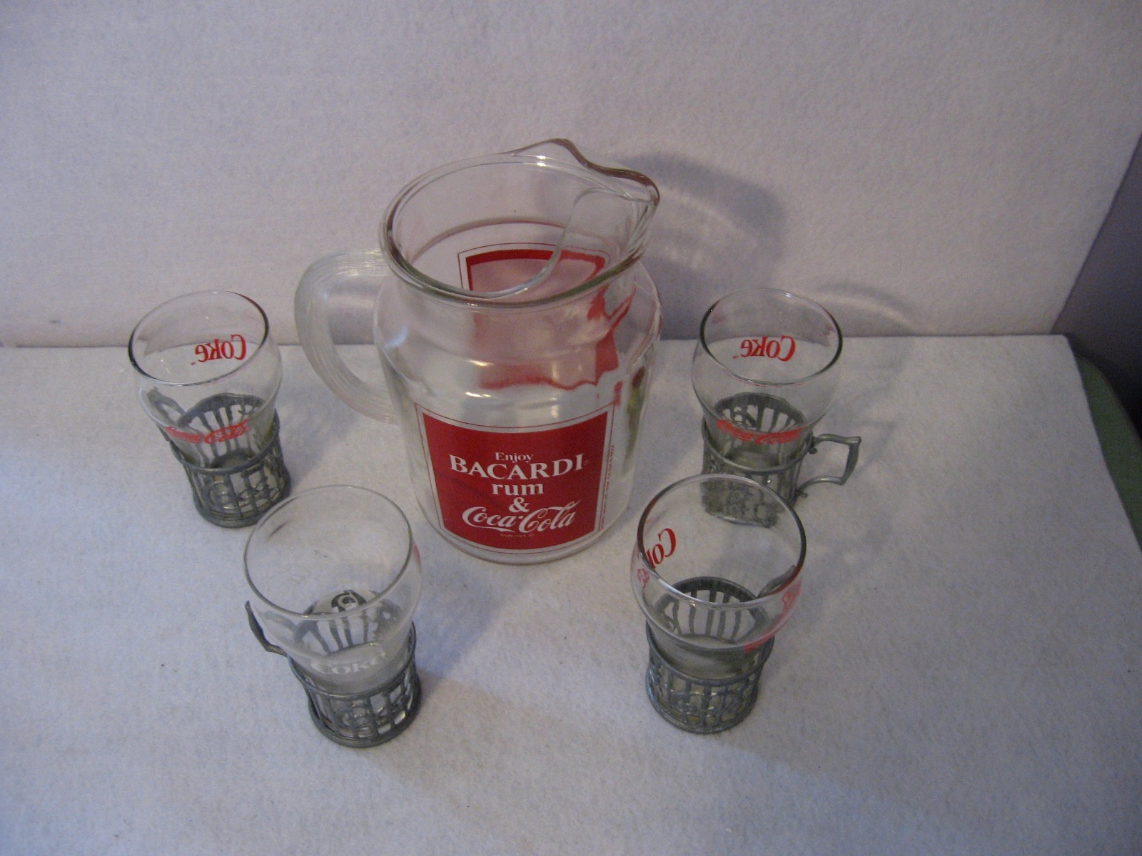Bacardi Rum & Coke Coca-Cola  Serving Pitcher/Set (4) Glasses & Metal Holders