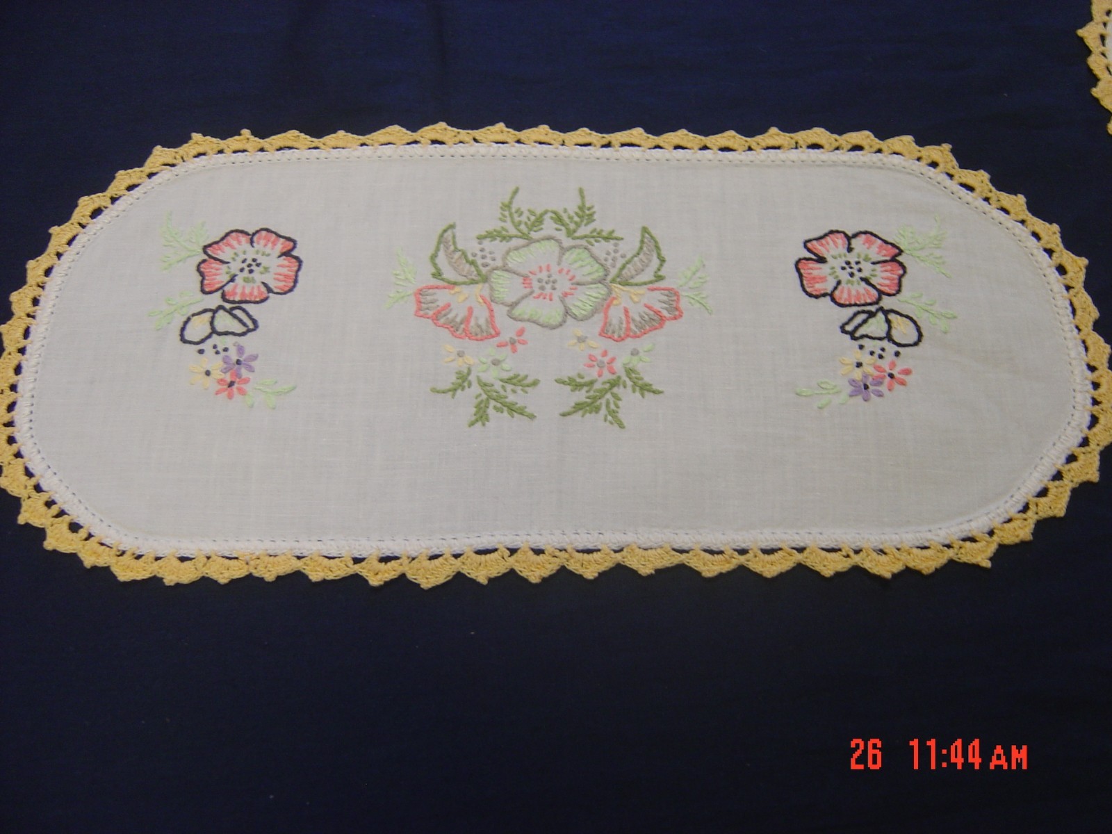 2 Small Hand Embroidered  Table Doilies with Crocheted Edge EMBROIDERED FLOWERS