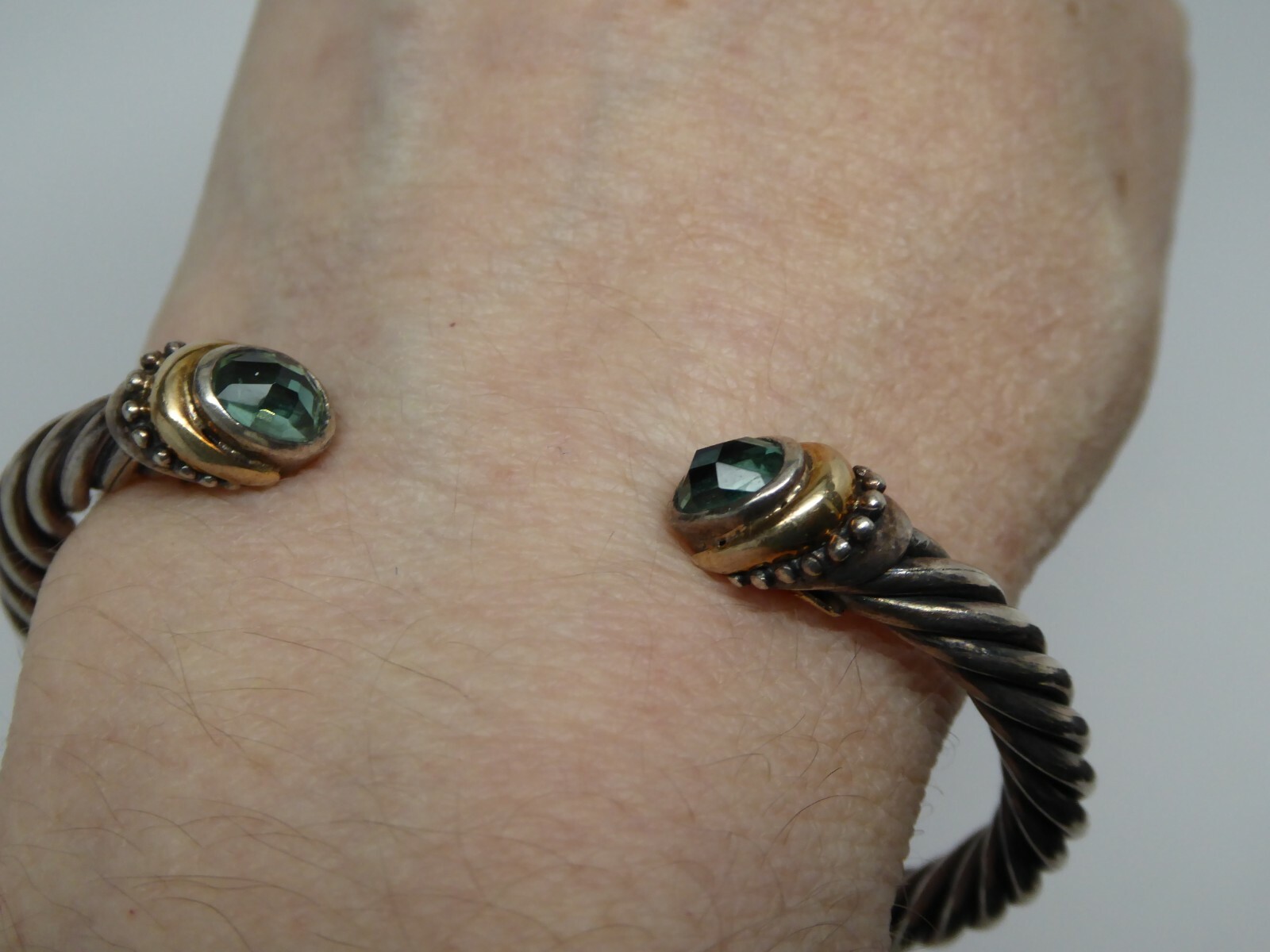 Signed SB Sterling Silver 14k YG Blue Topaz Cable Style Hinged Cuff Bracelet 6.5