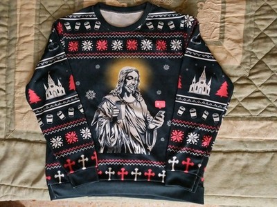 Funny Christmas Jumper Jesus with Smartphone & Coffee – Size L