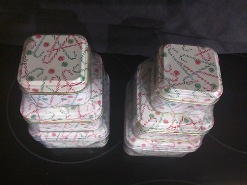 2 sets / 6  Mini Stackable Art Deco Candy Cane Christmas Tin Trinket Gift boxes