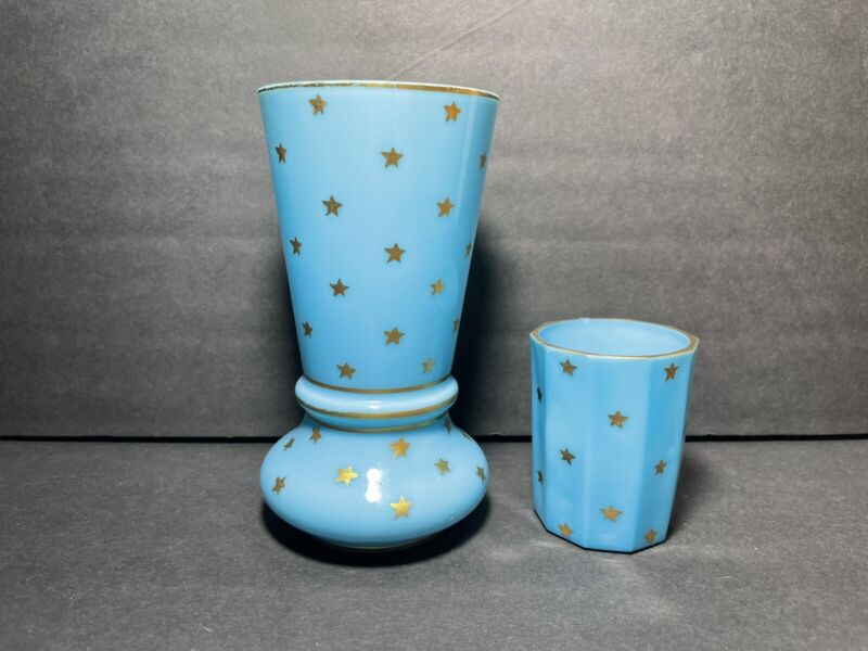 VTG PORTIEUX VALLERYSTHAL PV MCM Tiffany Blue Opaline Gold Star Vase & Tumbler 