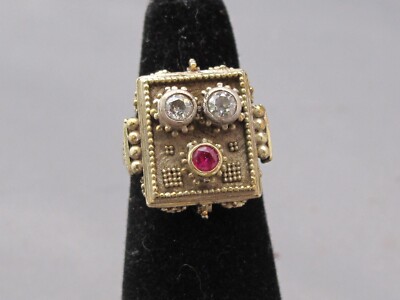 SUPERB European 14K Gold ROBOT FACE RING-Diamonds & Ruby-Granular Dec-Unicorn Mk