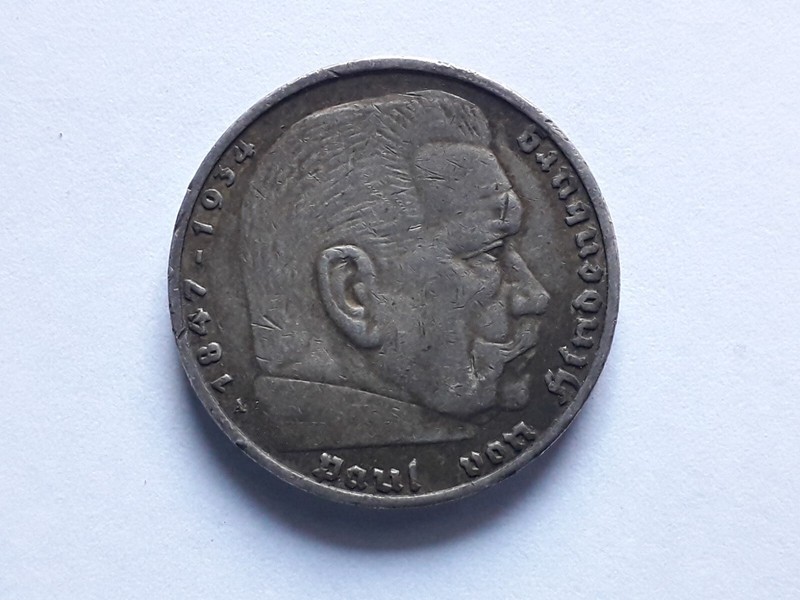 Monnaie 5 Reichsmark Argent 1936  Paul Von  Hindenburg Allemagne  Germany Silver
