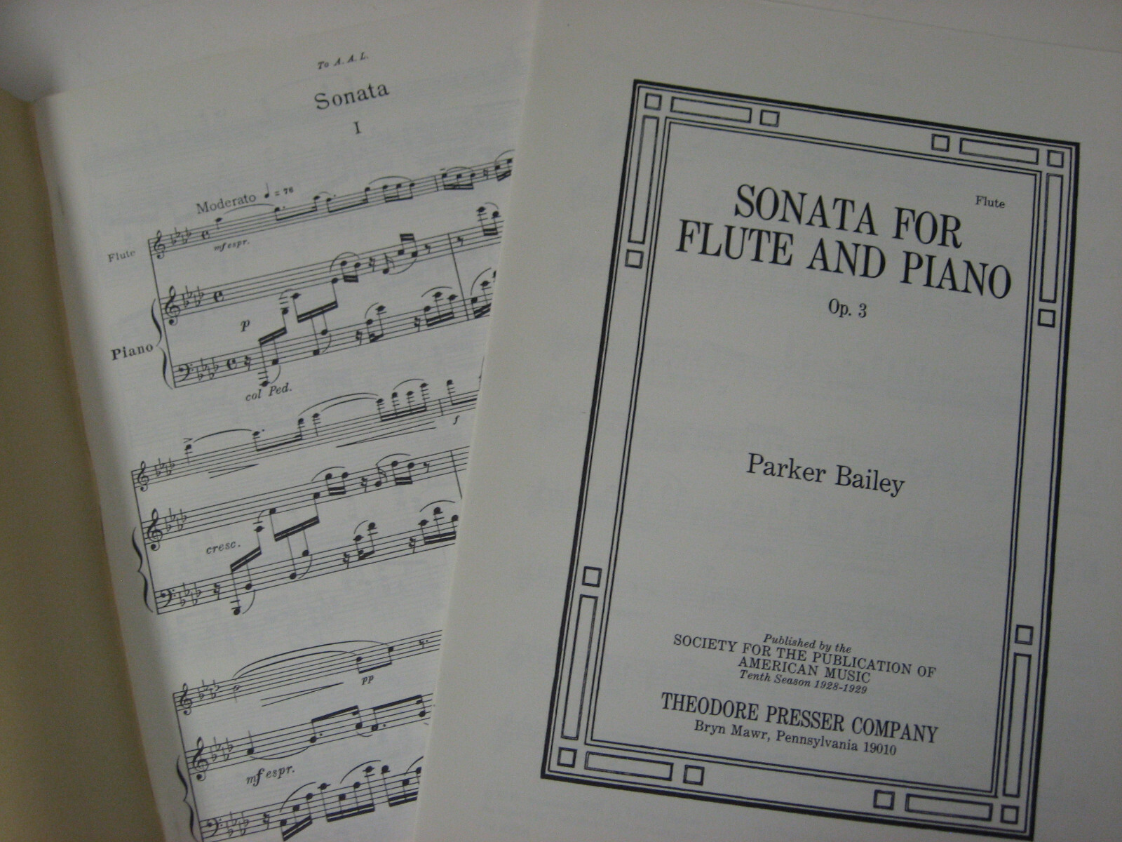 Parker Bailey Sonata for Flute & Piano Opus 3 Sheet Music Book 1929