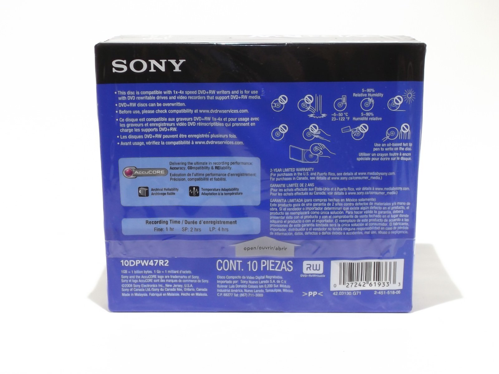 2008 SONY DVD+RW ReWritable 10 Disc Pack 120 Min 4.7 GB/Go 1-4x