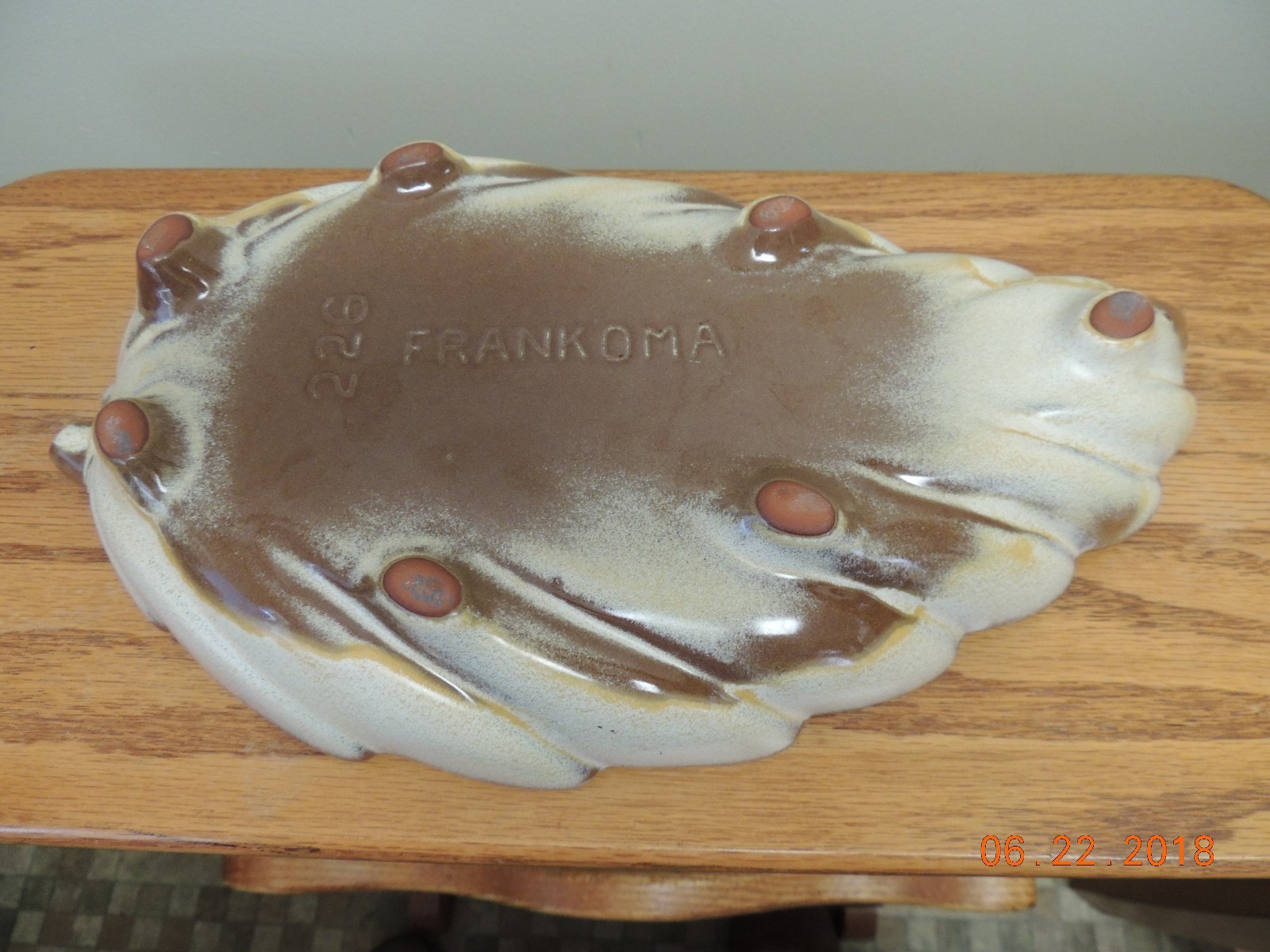 Frankoma-Pottery-Dish-Leaf-Shape-Brown-Cream-Footed-226-12-Inch-Long