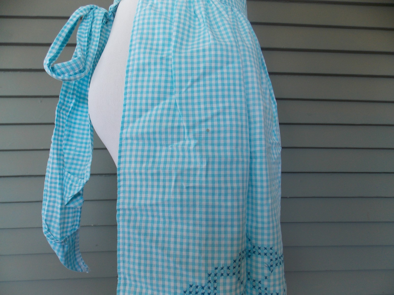 Vintage Handmade Cross Stitch Half Apron Blue Gingham