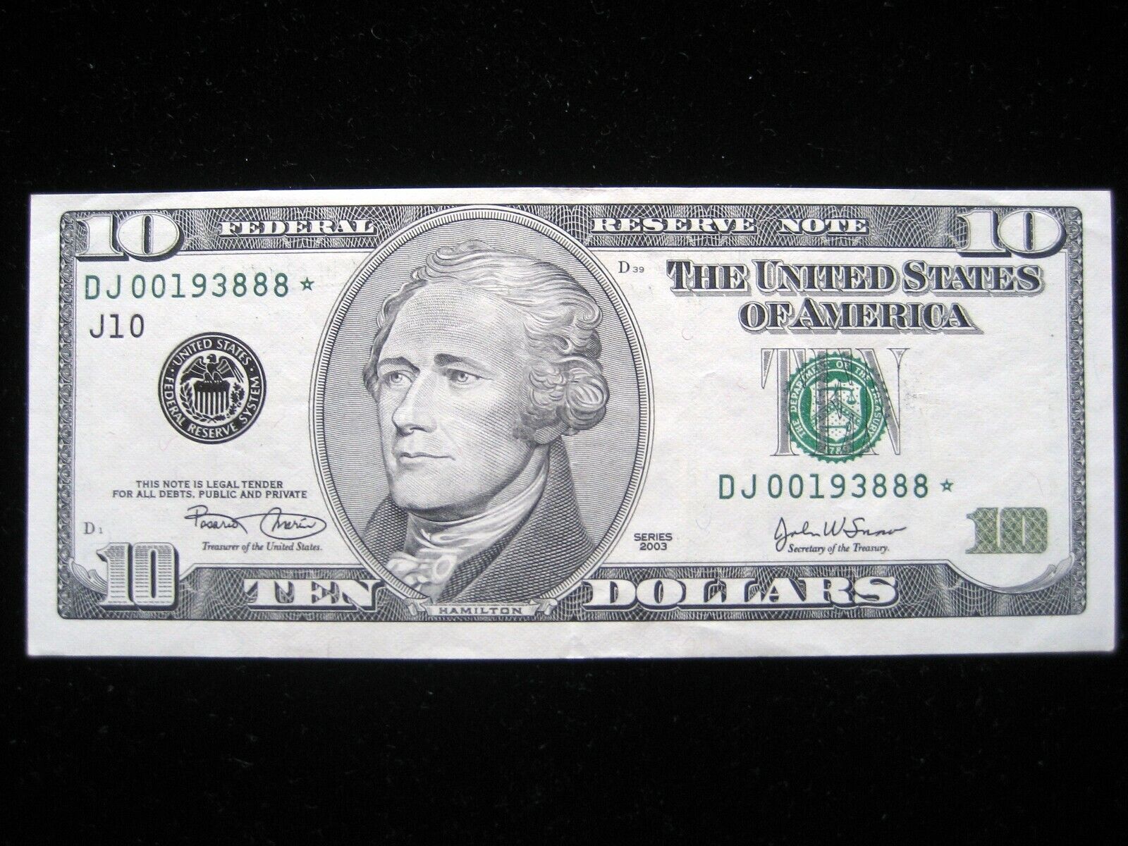 2003 $10 Note S/N: DJ00193888 with *Star* - Misalignment 2003 $10 Note S/N: DJ00193888 with *Star* - Misalignment