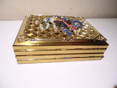 VINTAGE ANTIQUE COMPACT PURSE DRAMA MASK COMEDY TRAGEDY BRASS TONE PEARLS ENAMEL