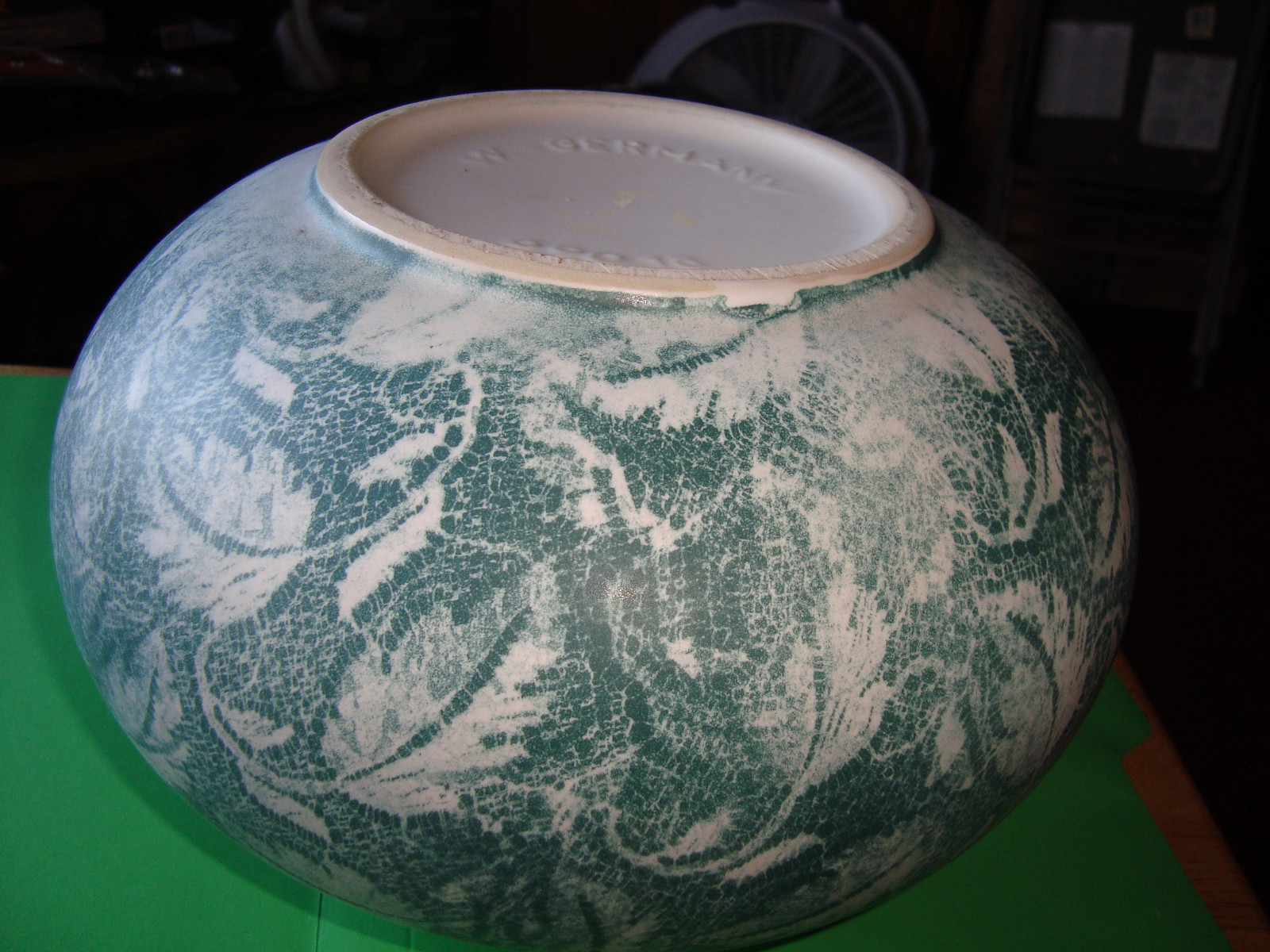 Large round vase  West Germany marked 69018 greenish leaves ceramic or porcelain