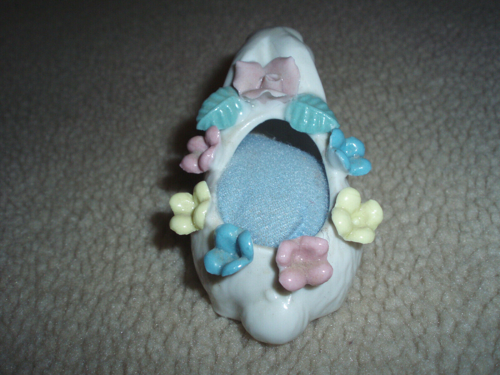 Vintage Porcelain Bunny Rabbit Pin Cushion White w/ Pastel Flowers Japan