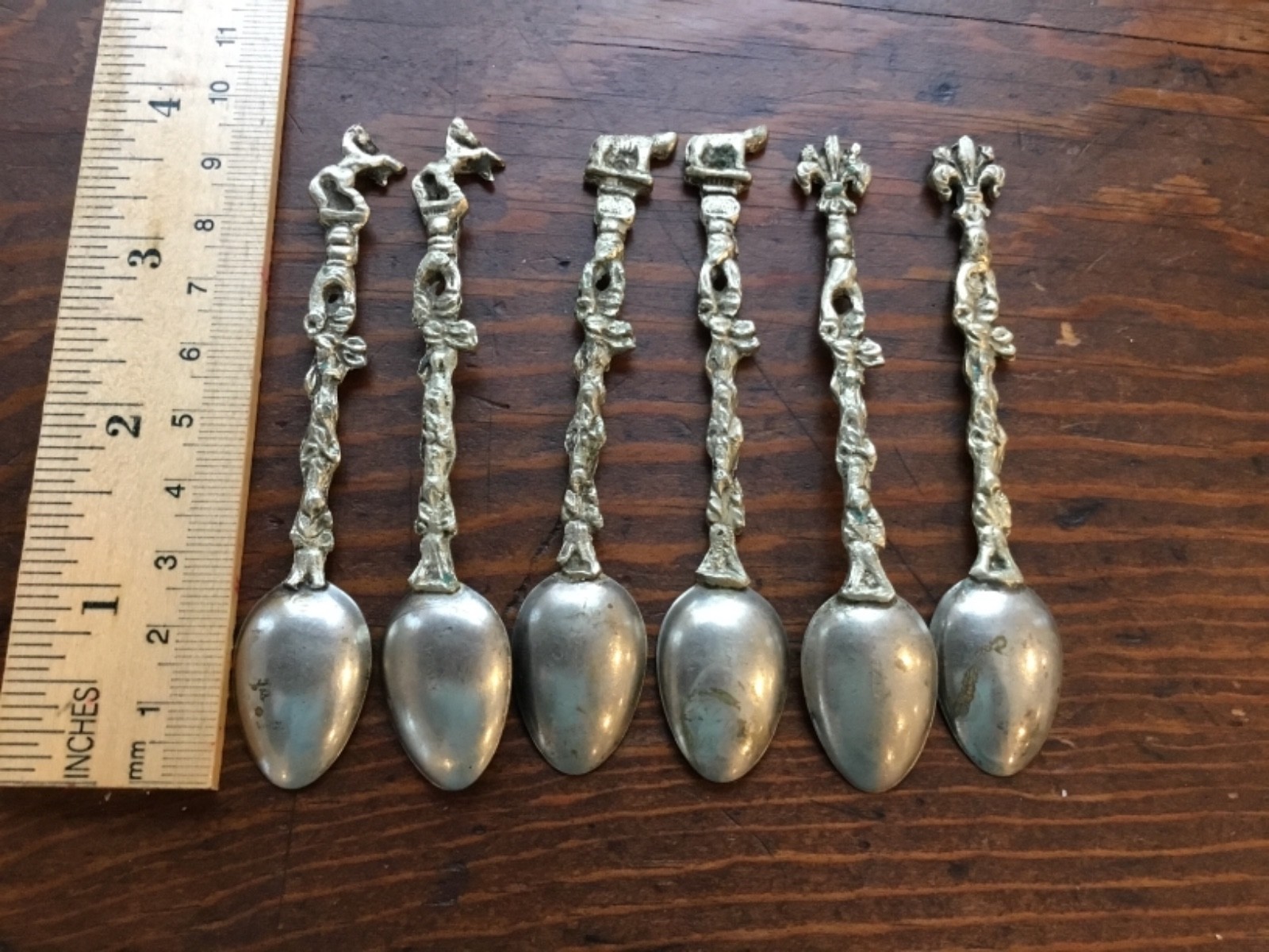 6 antique demitasse spoons 2 each horse fleur-de-lis lion or dog