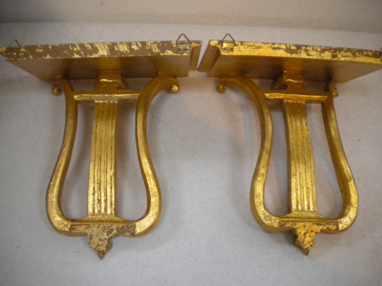 Pair 1950s Italian Gold Gilt Florentine Wood Corbel Bracket Wall Sconce Shelf