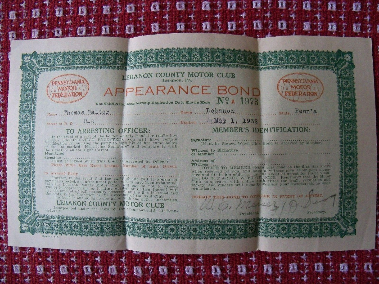Lebanon County PA Motor  Club Appearance Bonds 1928, 1932