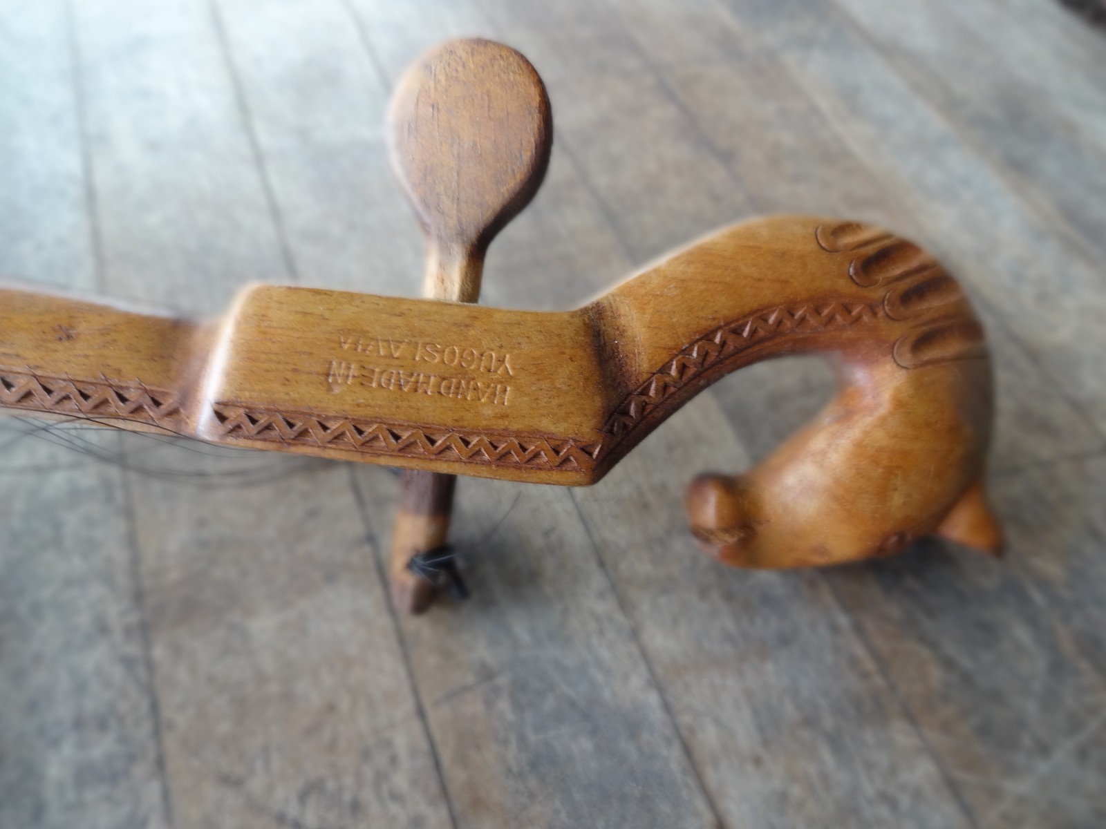 Vintage 1 String Yugoslavian Musical Instrument with Bow/Chip Carved, Horse Head