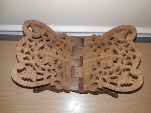 Collapsible Wooden Wood Book Indian Bible Holder Ornate Leaf Flower Stand