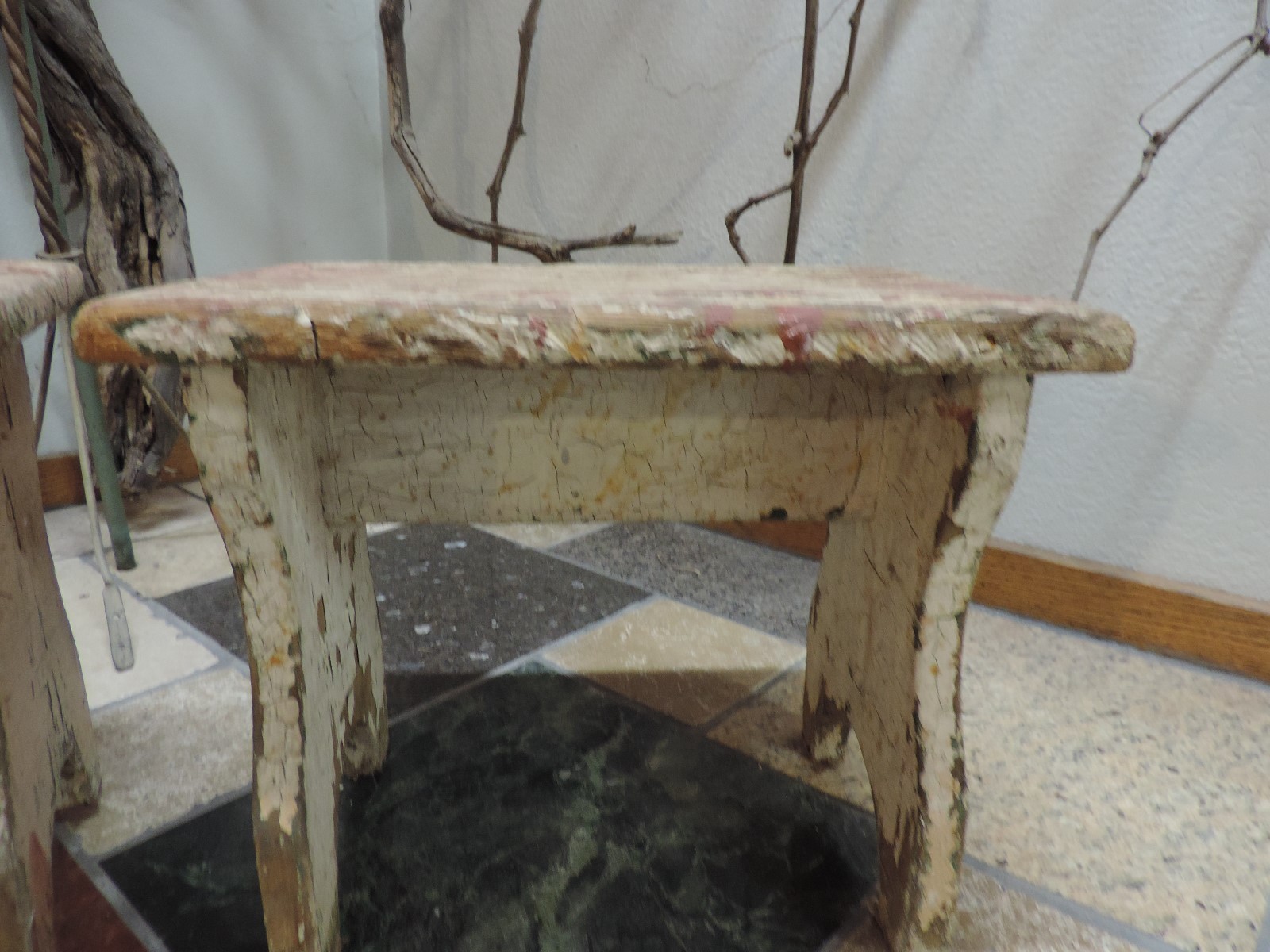 2 Vintage Antique Small Primitive Country White Wood Footstools Step Stools