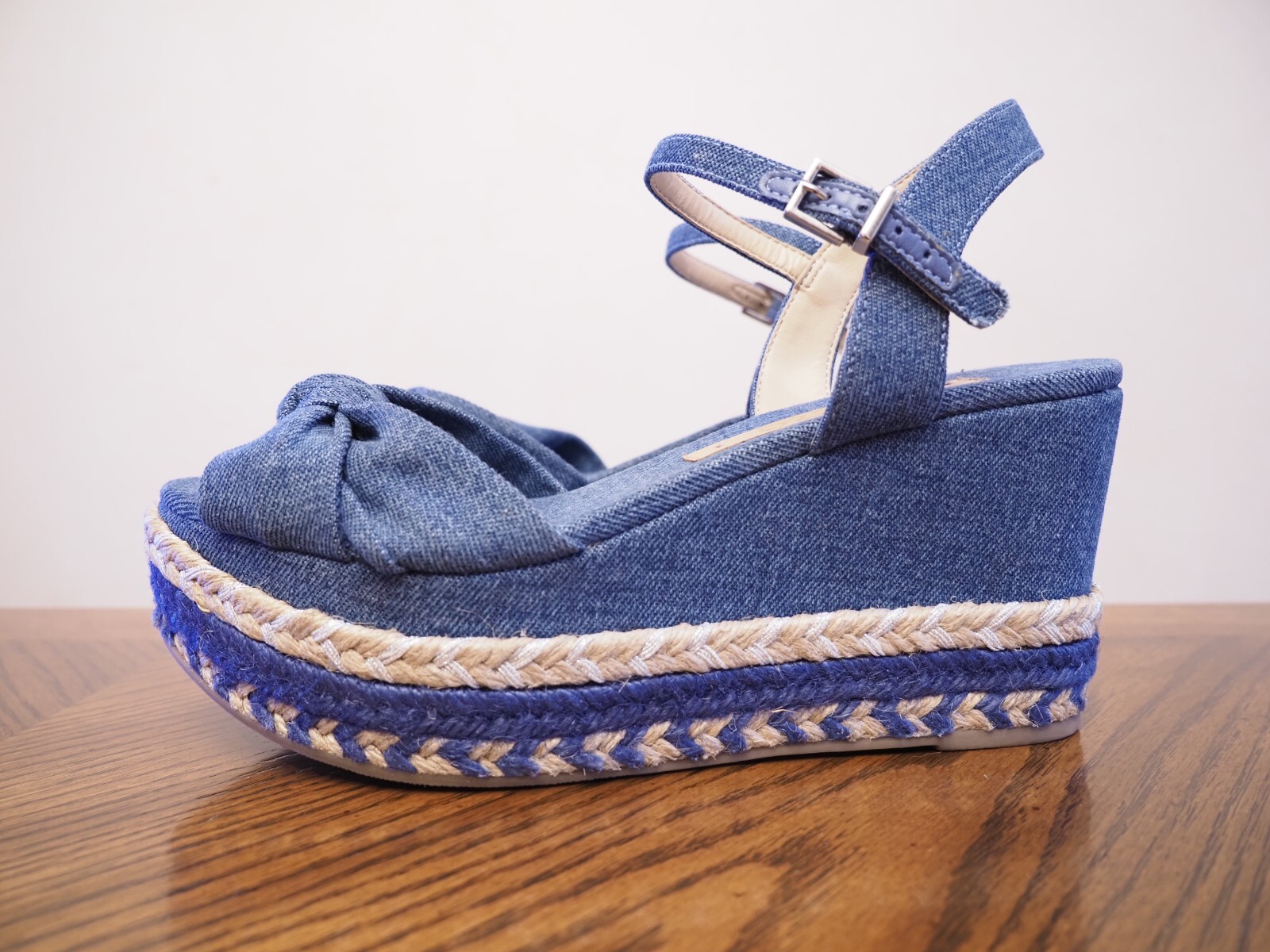 New AREZZO Blue Denim High Heel Wedge Platform Slingback