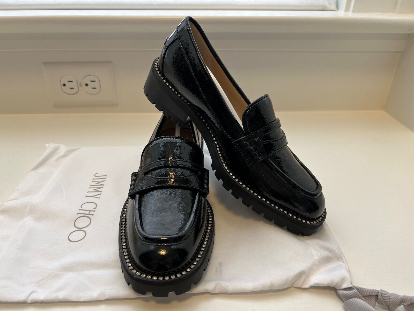 Pre-owned Jimmy Choo Deanna Crystal-embellished Patent Leather Loafers, Size 37 In Black