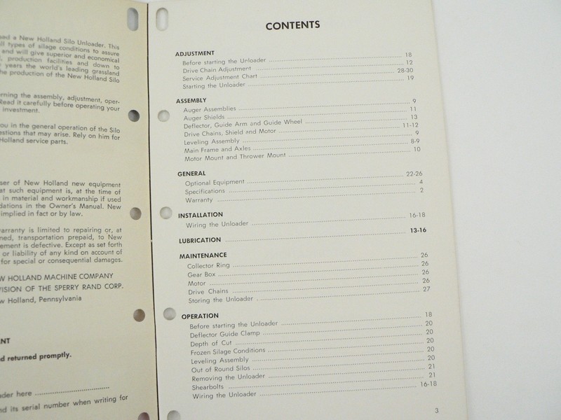 VTG New Holland 530 Silo Unloader Owners Manual Maintenance Adjustments 1960