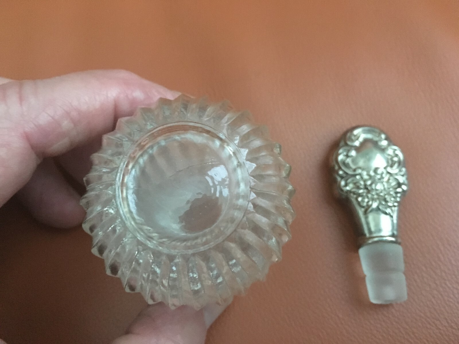 Antique Glass Perfume Bottle with Sterling Plated Intricate top