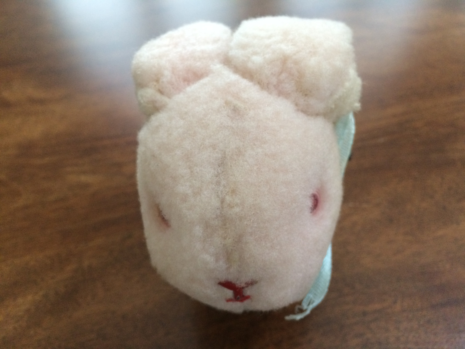 Wildly Hopping Vintage 1950s (?) Furry Blue Bow Pink Bunny Red Eyes Wind Up Toy