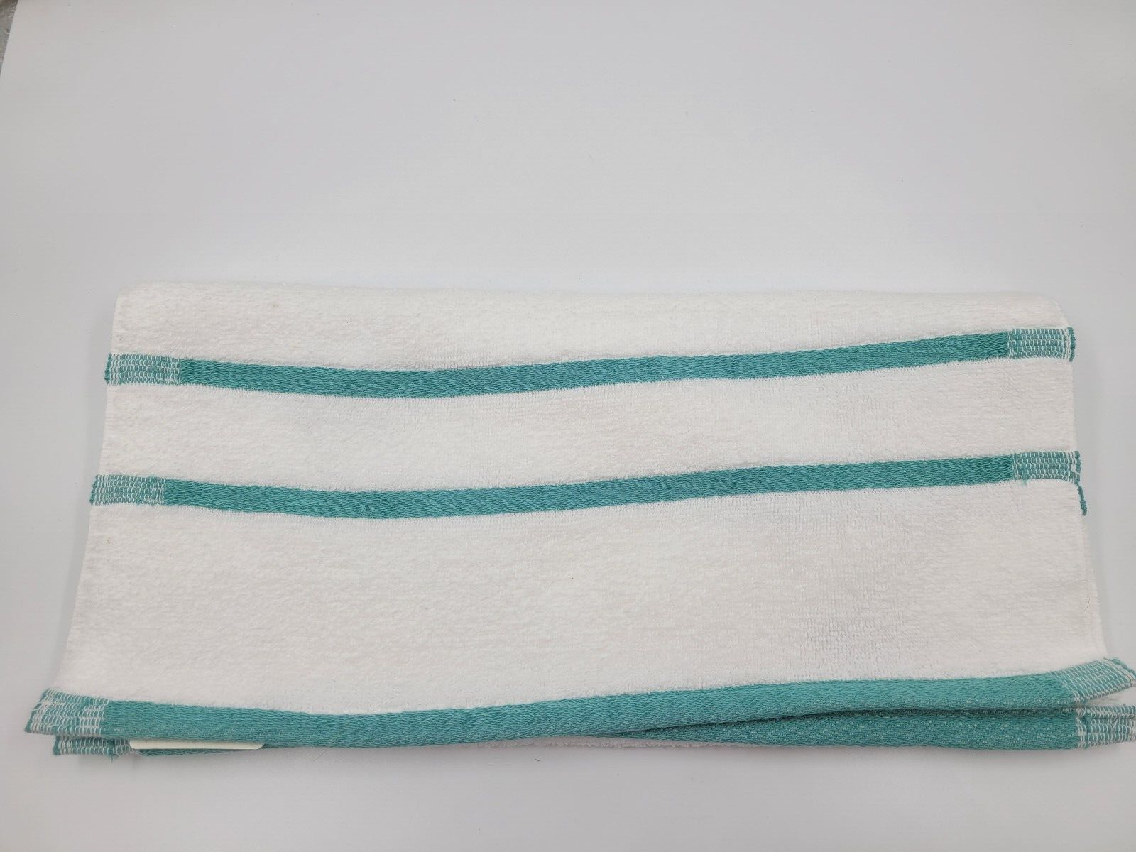 American Craft Hand Towel White w/ Aqua Stripes Accent 16