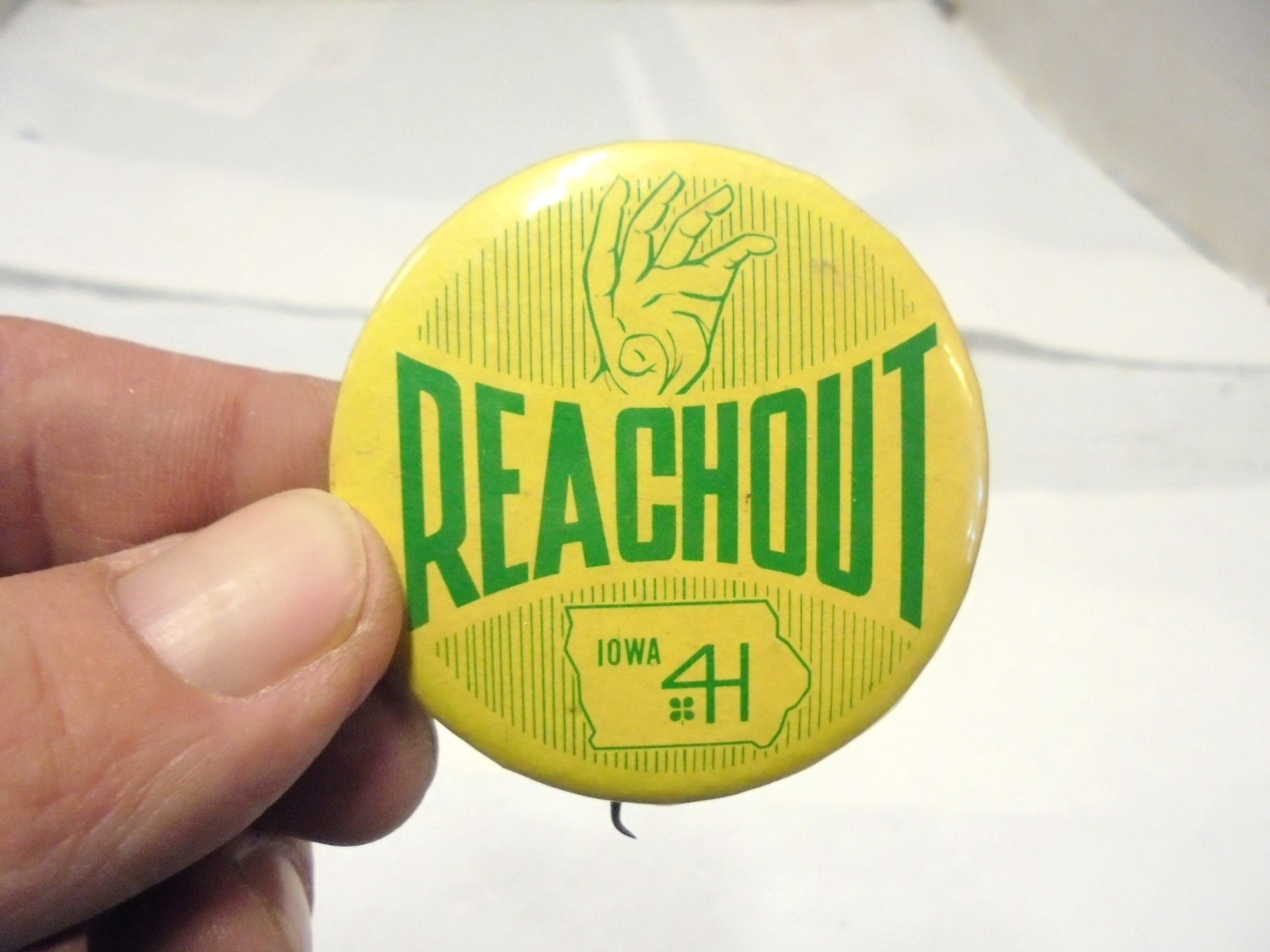 2-1/4 inch pinback button 4-H iowa reach out farming fair club metal