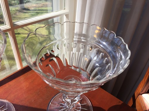 Pair large Antique Anglo-Irish Open Cut Crystal Glass Compotes