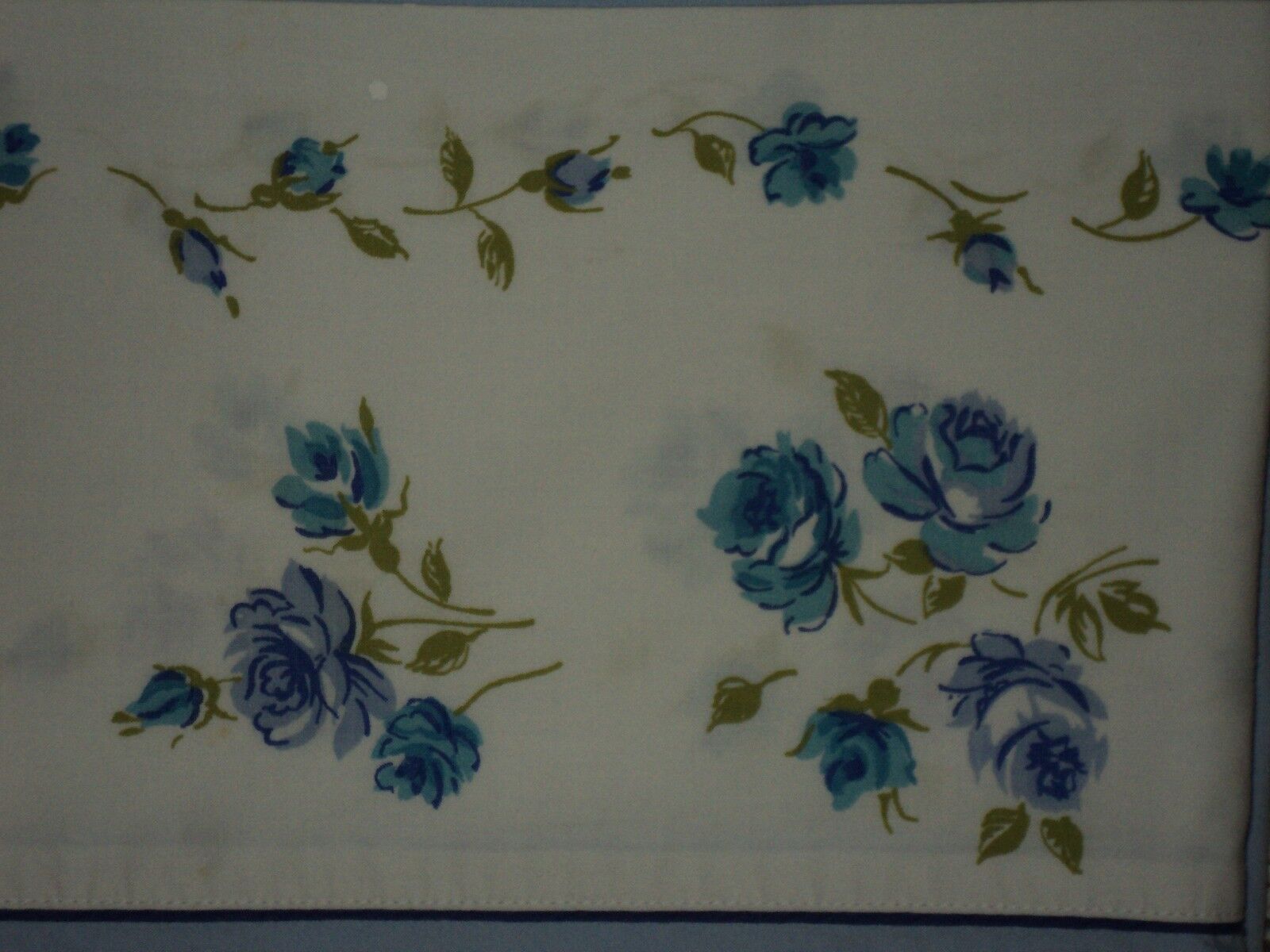 Vintage STEVENS UTICA MOHAWK Solid Blue Floral Cuff Flat Sheet Twin Size Cotton
