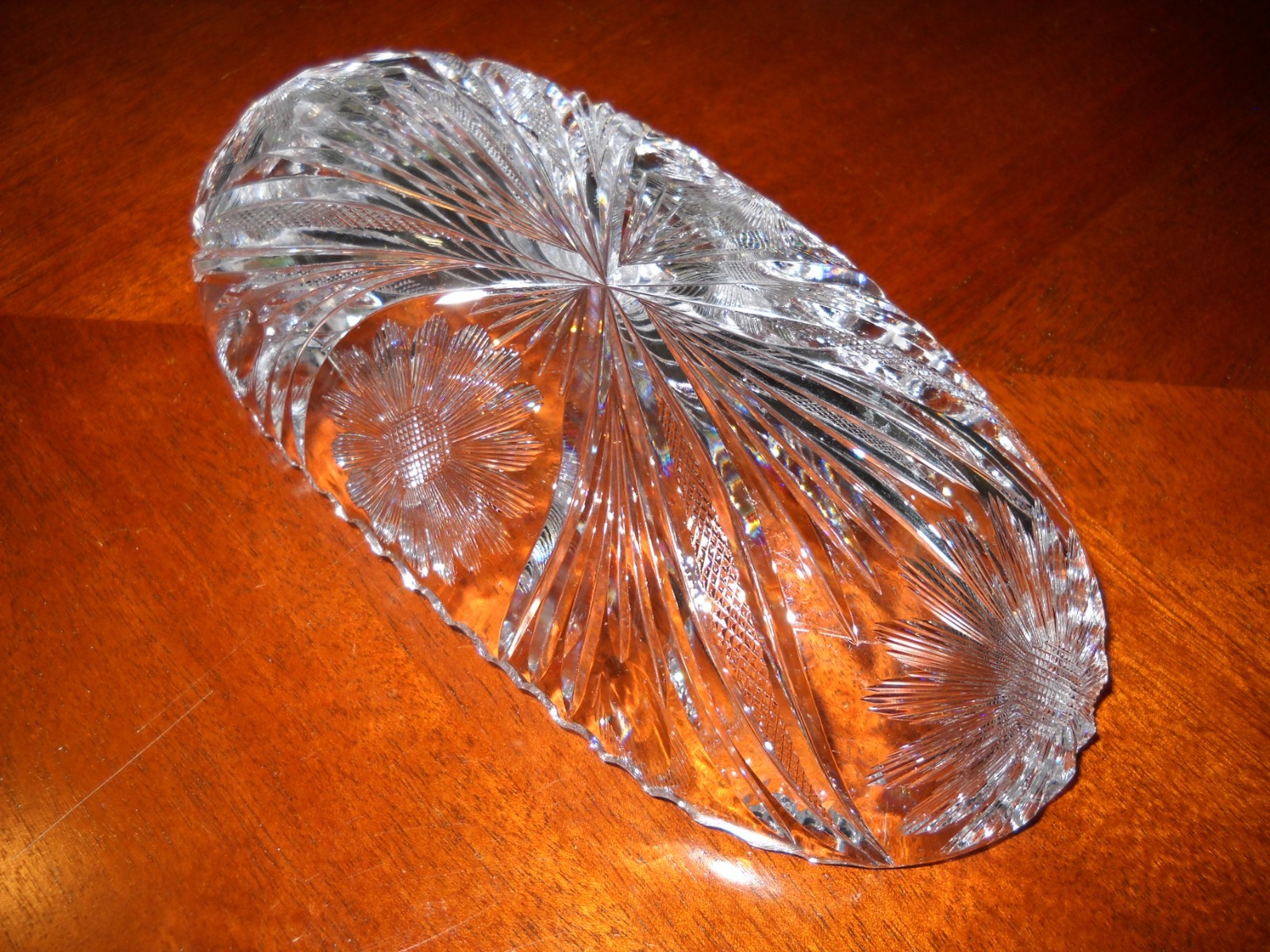 Cut Glass Relish Dish Sunflower Pattern Saw Tooth Rim