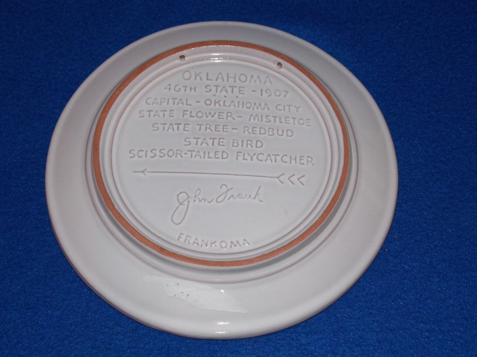 Frankoma Souvenir Commemorative Oklahoma 1907 Hanging Plate Sapulpa Clay 8 1/2