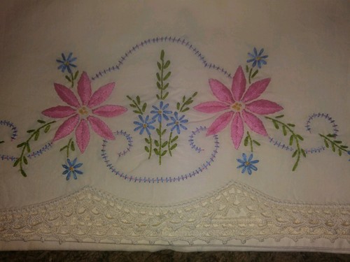 Vintage Pillowcase Embroidered Floral Pink Blue  Flowers  Crochet Lace 20 