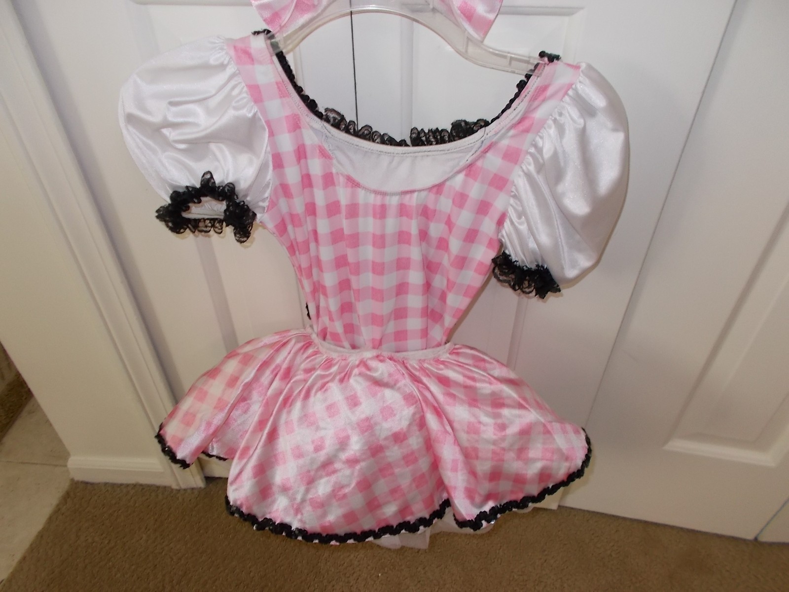 Girls Dance Costume Child Sz Medium Pink & White with Matching Hair Bow USA Made