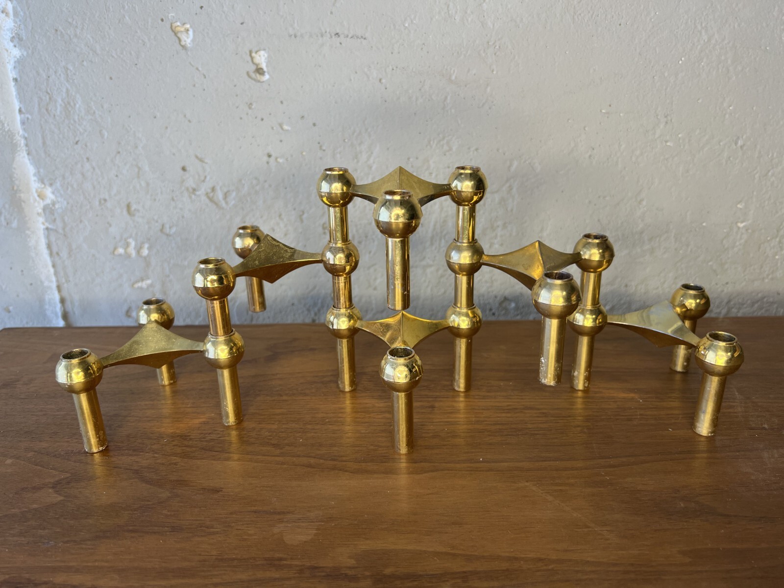 Lot of (x6) Vintage Mid-Century STOFF Nagel Brass Atomic Candlestick Holders