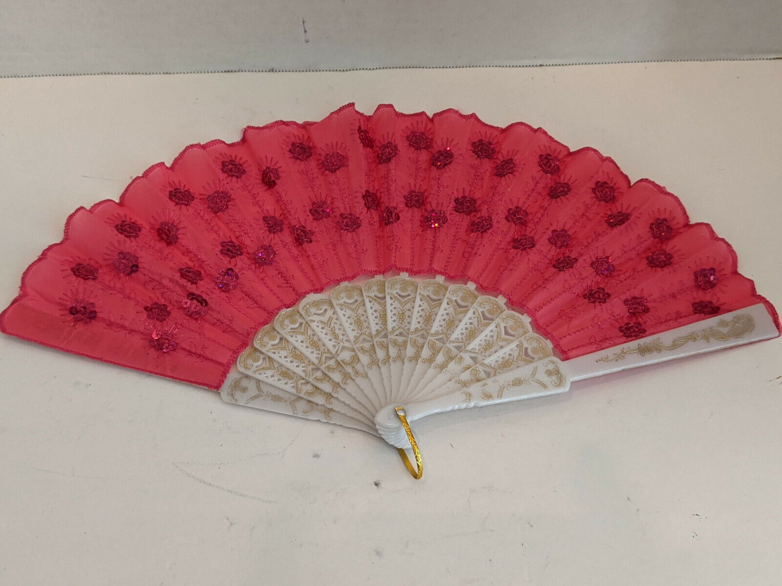 Hand Painted Japanese Folding Fan, Sequin Flowers Embroidery, ...