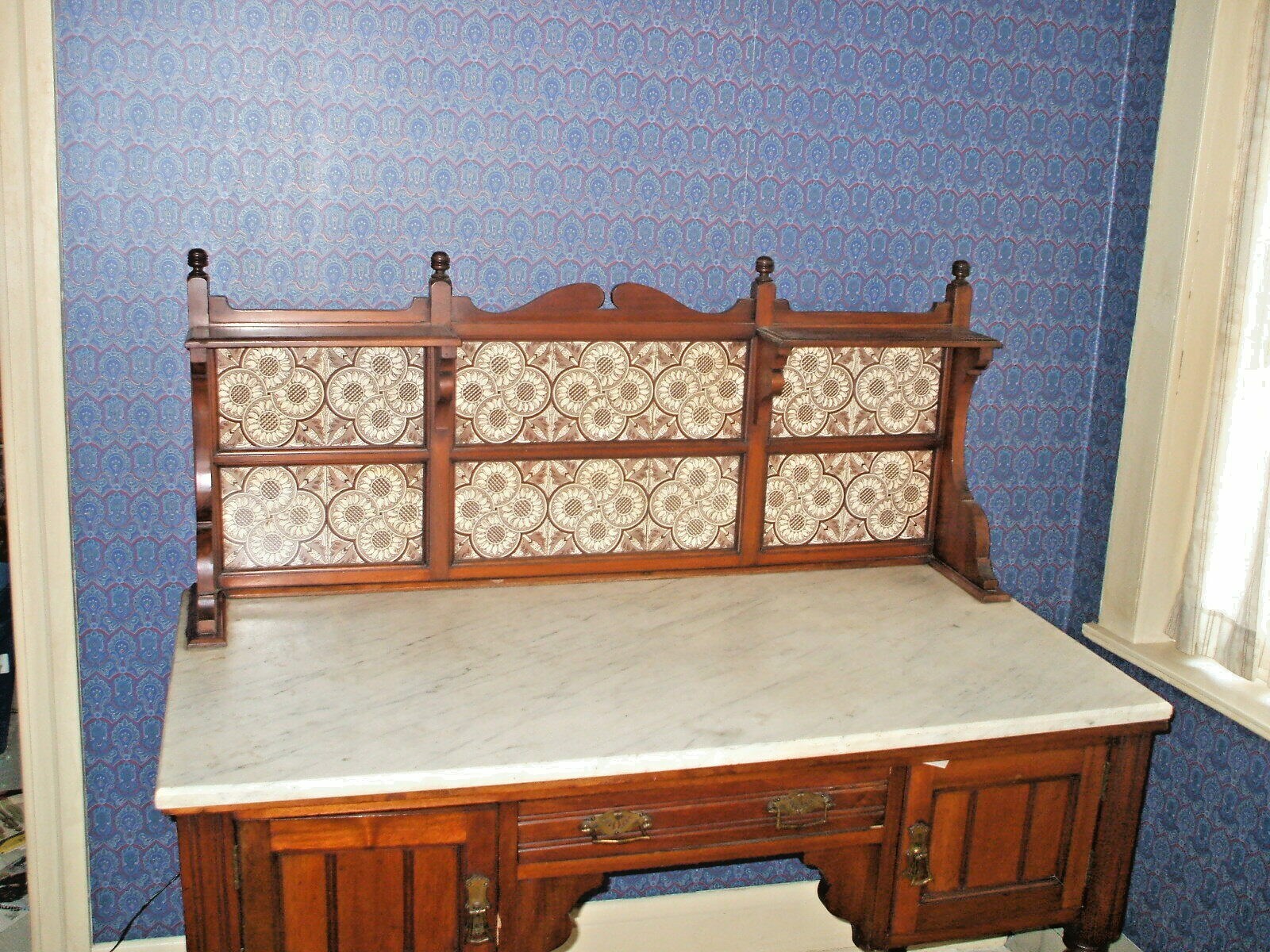 Victorian Tiled Marble Top Wash Stand, Buffet  or Server -Sunflowers!!