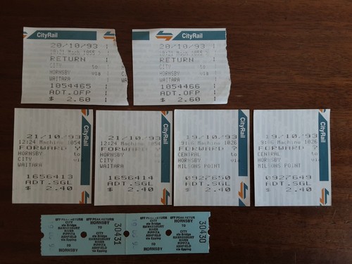 8x 1993 collector's Train Tickets, Cityrail, Sydney, Australia