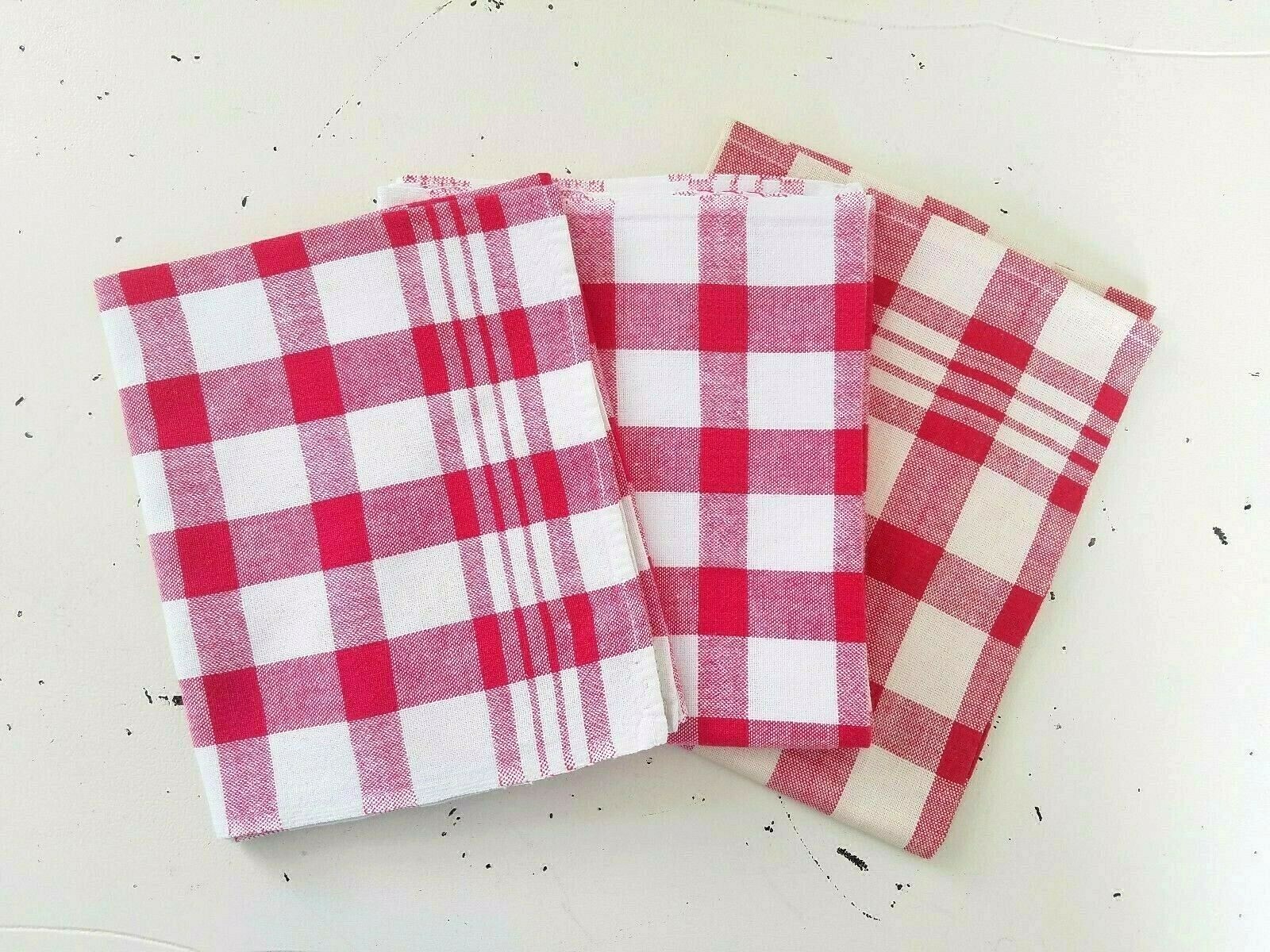 (3) Vintage CANNON Red White CHECK Cotton Kitchen Dish Towels PASTRY Cloth