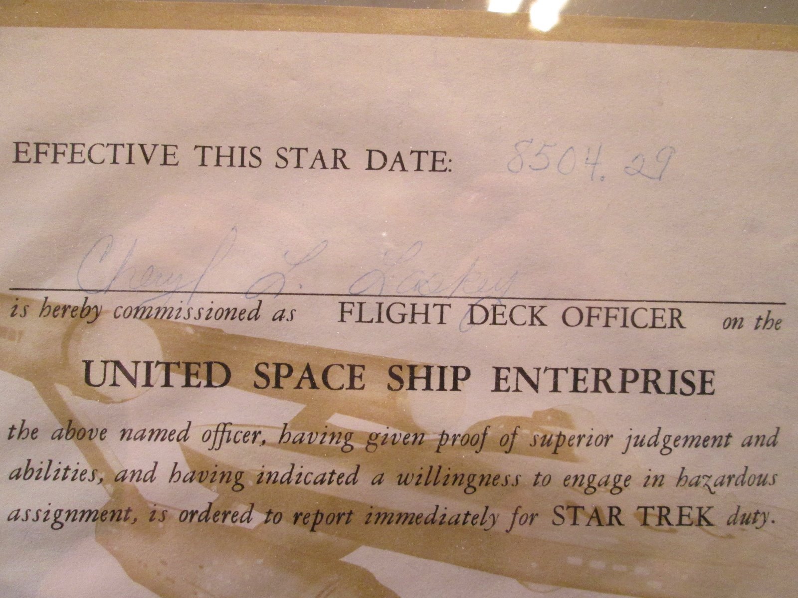 UNITED SPACE SHIP ENTERPRISE FLIGHT DECK OFFICER COMMISSIONED CERTIFICATE