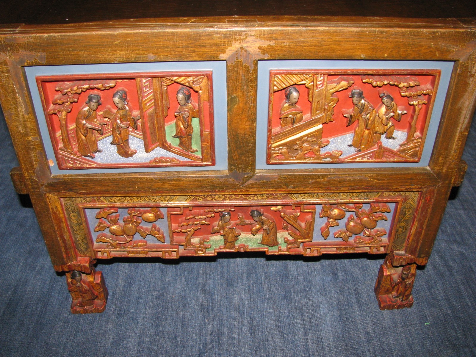 Antique Chinese Hand Carved Painted Gilded Deep Relief 6 Panel Stool Bench