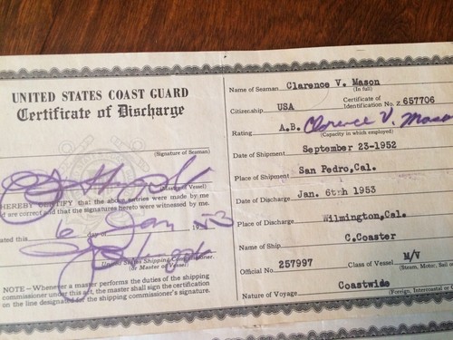 5 1952 U.S. Coast Guard Certificate of Discharge Merchant Seaman Steam Vessels