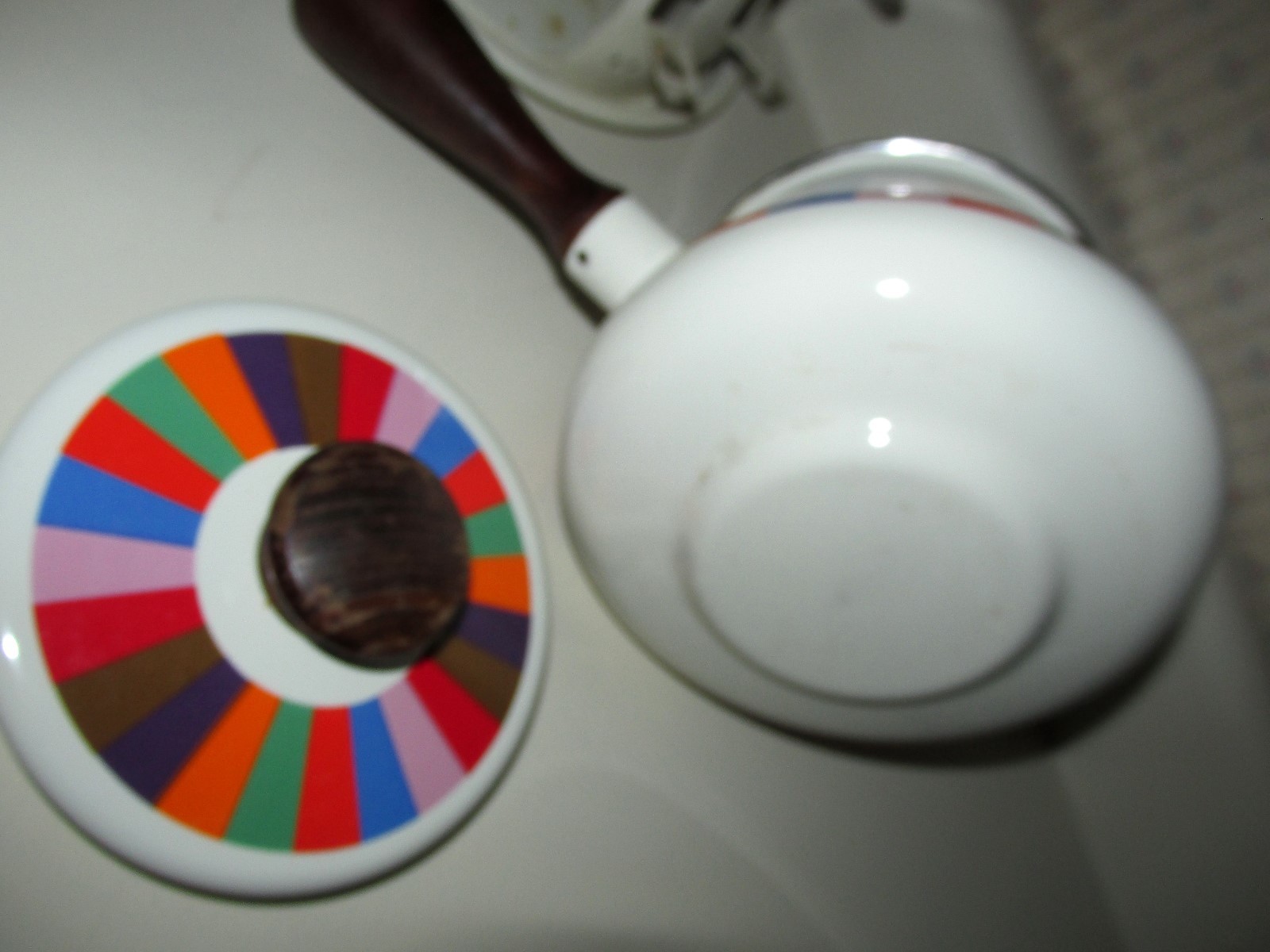 Vtg. San Remo Porcelain Enamel Fondue Set White W/ Colored Stripes Nice