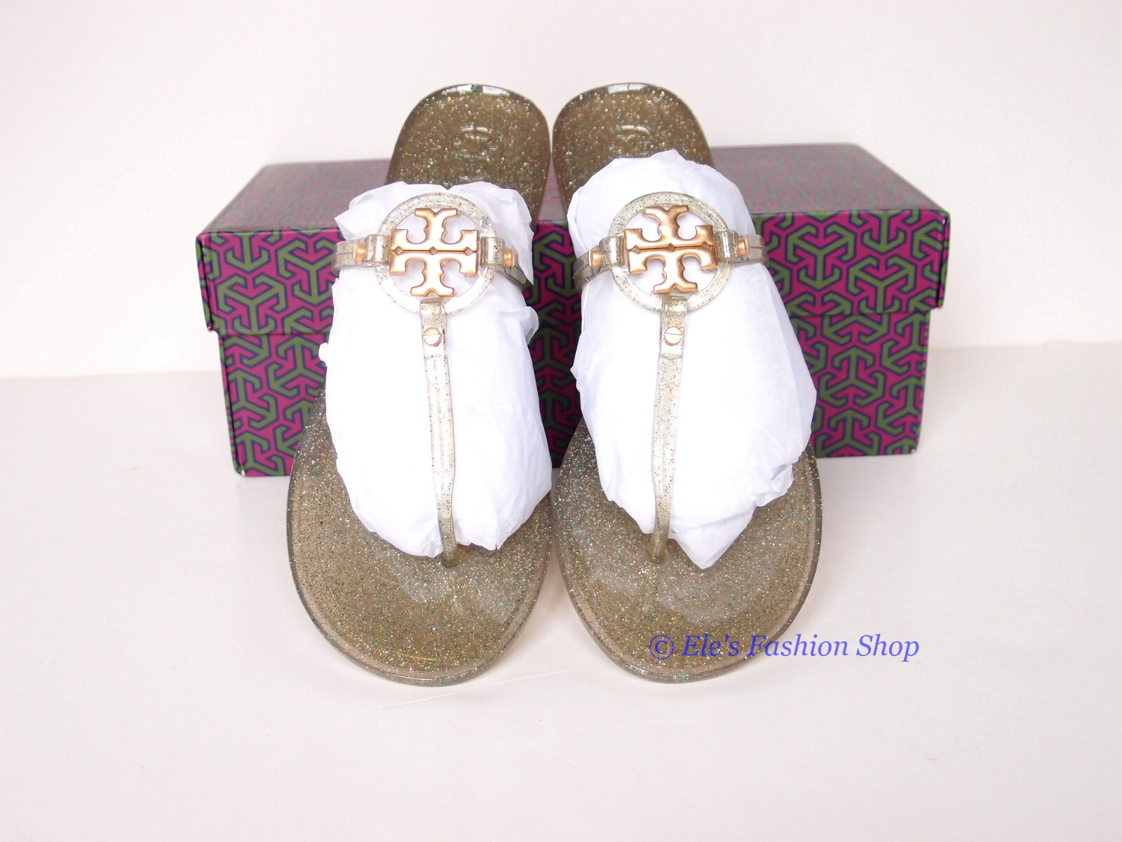 Pre-owned Tory Burch In Box  Mini Miller Jelly Thong Sandals Green Silver Gold Us 7