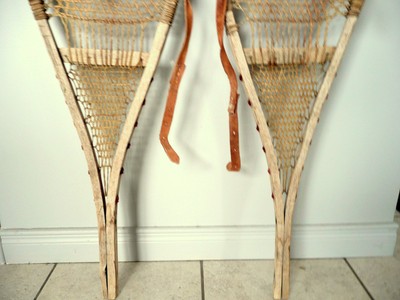 Antique OLD Snowshoes 11 x 37 Very Fine Webbing w/ Traces old Pompoms Decor