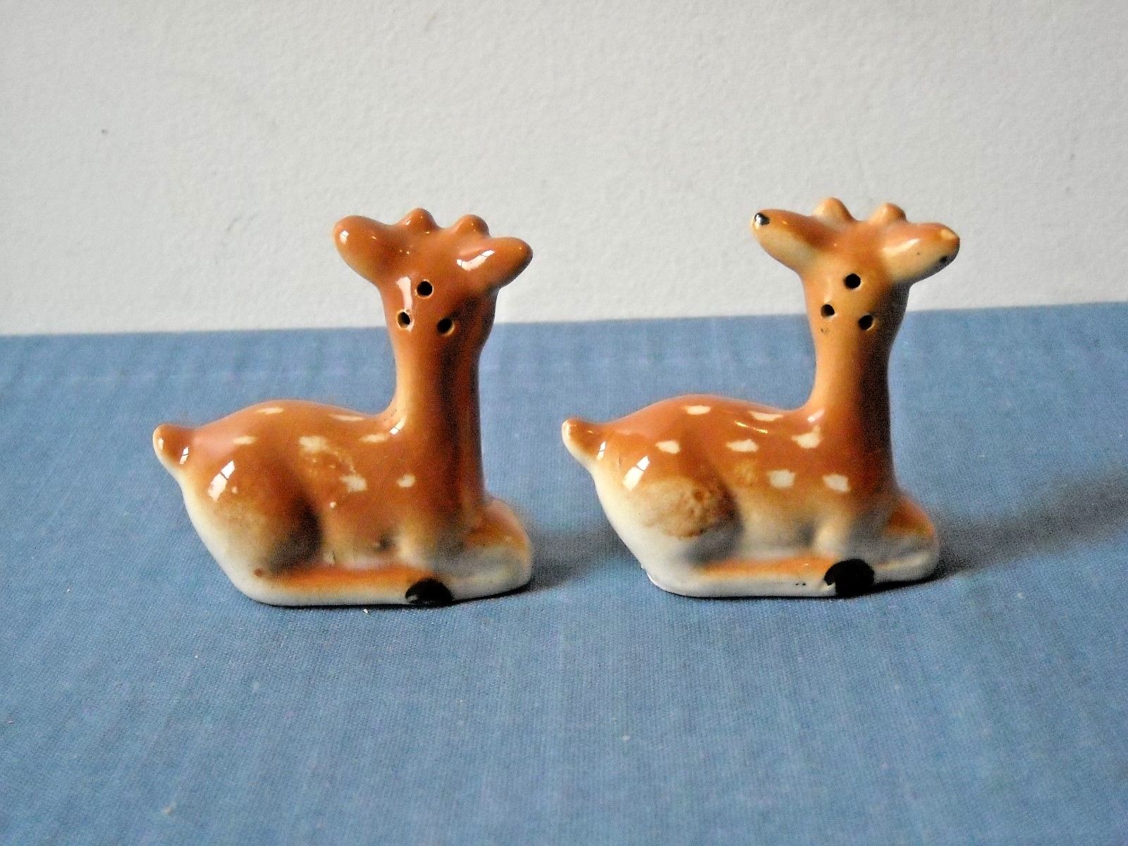 Occupied Japan Deer Fawn Salt & Pepper Shakers Ceramic Figures Marked on Bottom