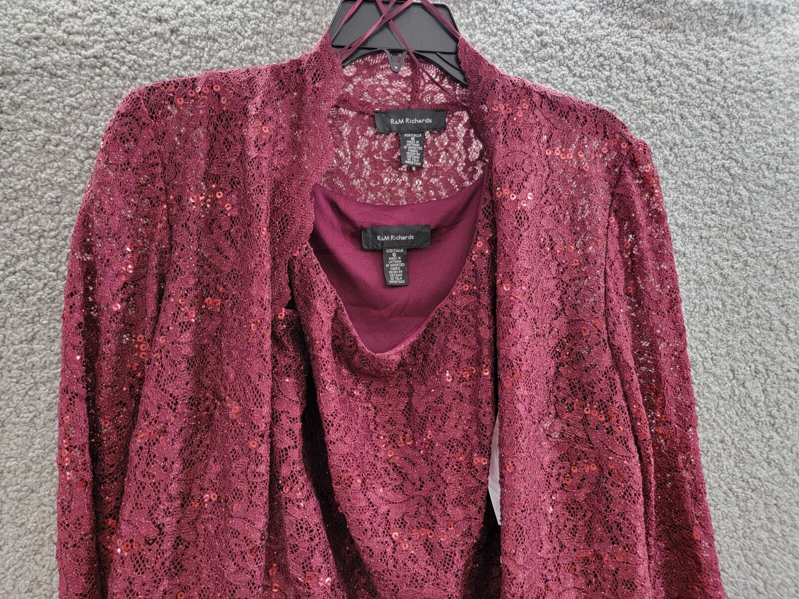 R & M Richards 3-Pc. Sequined Lace Pantsuit & Jacket Women's 6 Merlot 3/4 Sleeve - Picture 4 of 22